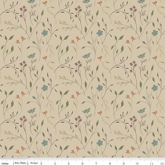 Image of Threads of Grace Main Taupe quilting cotton fabric by Kassidy Grace for Riley Blake Designs. Features flowers on a beige background. Cute Little Fabric Shop