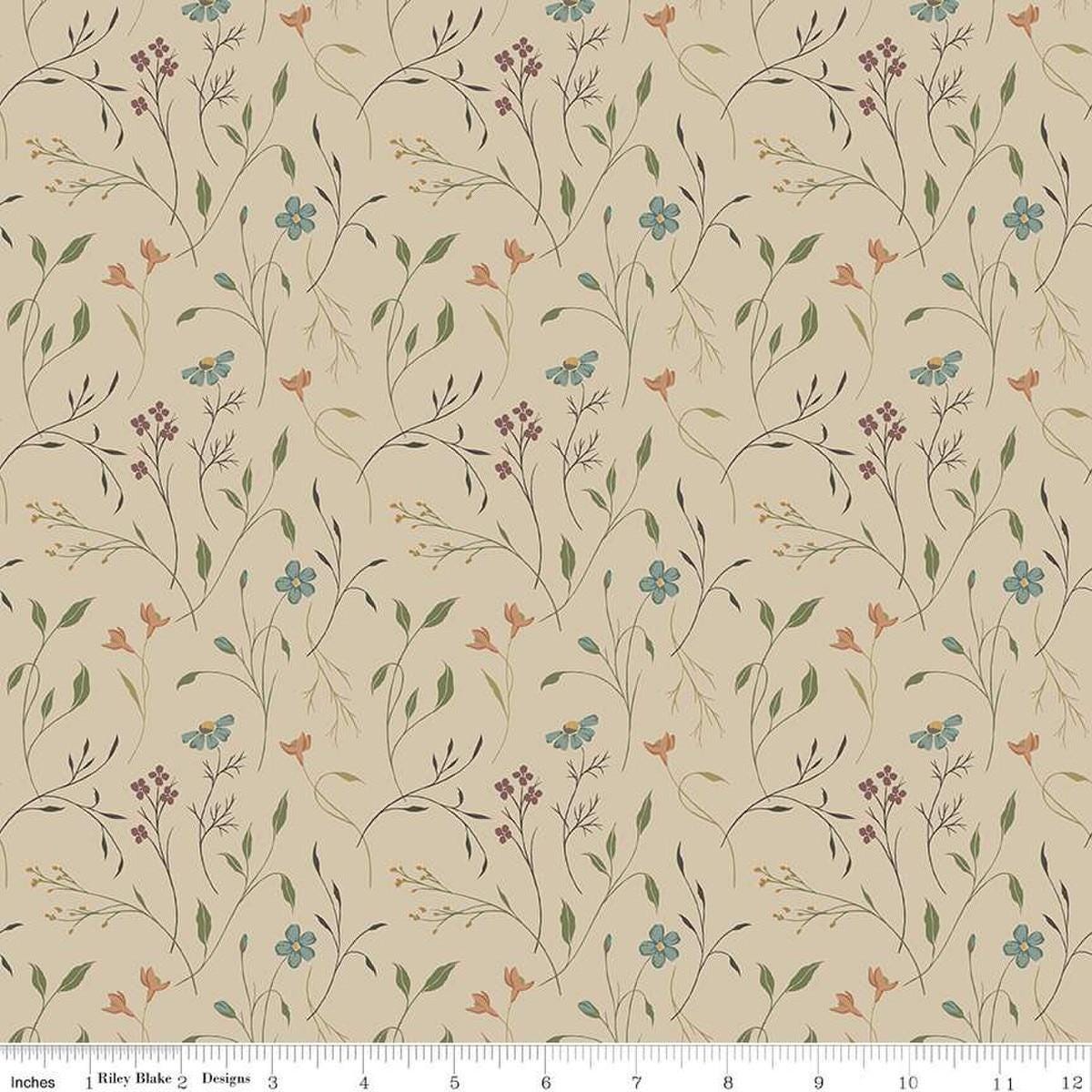 Image of Threads of Grace Main Taupe quilting cotton fabric by Kassidy Grace for Riley Blake Designs. Features flowers on a beige background. Cute Little Fabric Shop
