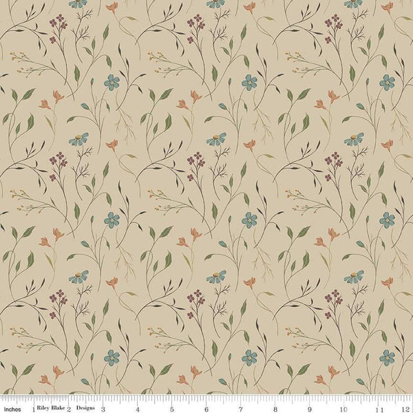 Image of Threads of Grace Main Taupe quilting cotton fabric by Kassidy Grace for Riley Blake Designs. Features flowers on a beige background. Cute Little Fabric Shop