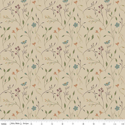 Image of Threads of Grace Main Taupe quilting cotton fabric by Kassidy Grace for Riley Blake Designs. Features flowers on a beige background. Cute Little Fabric Shop