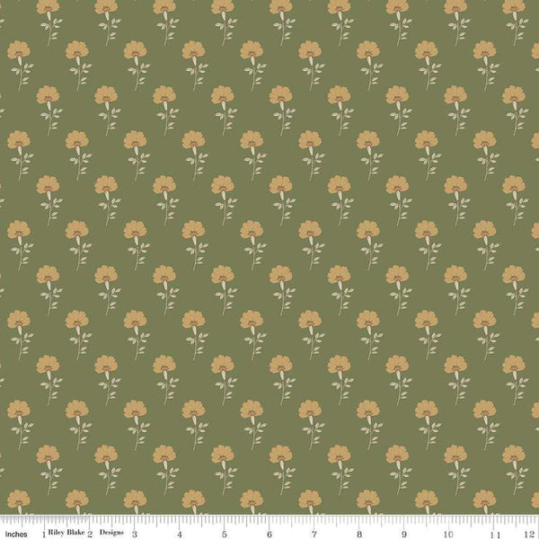 Image of Threads of Grace Flora Green quilting cotton fabric by Kassidy Grace for Riley Blake Designs. Features flowers on a green background. Cute Little Fabric Shop
