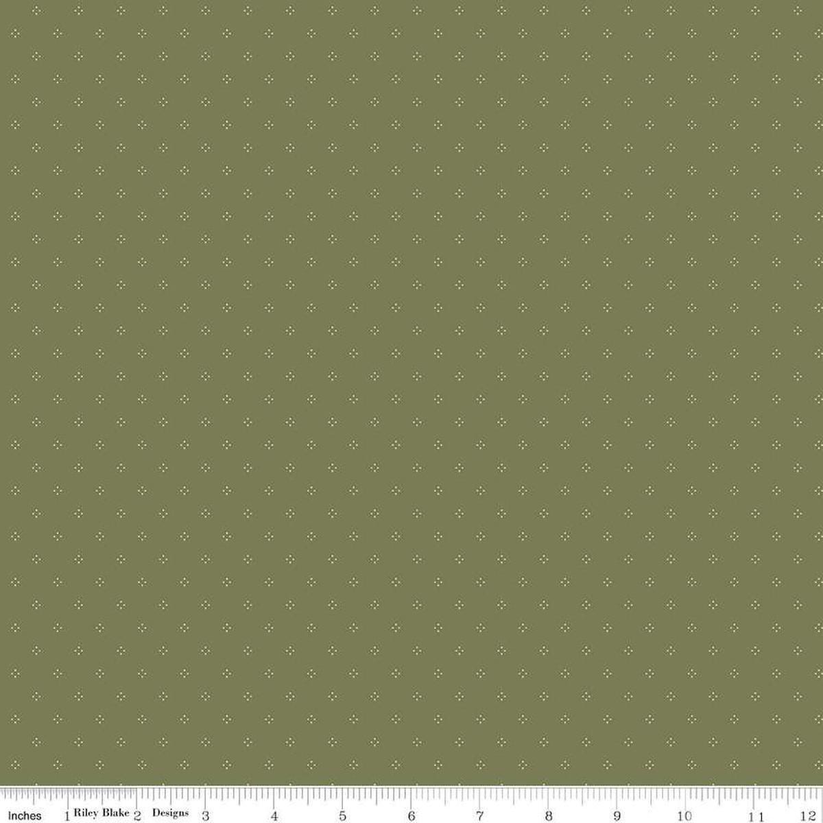 Image of Threads of Grace Dots Green quilting cotton fabric by Kassidy Grace for Riley Blake Designs. Features dots on a green background. Cute Little Fabric Shop