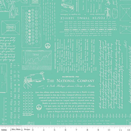 Image of TYPE/ography Sea Glass quilting cotton fabric by Lori Holt for Riley Blake Designs. Features text on a green background. Cute Little Fabric Shop.