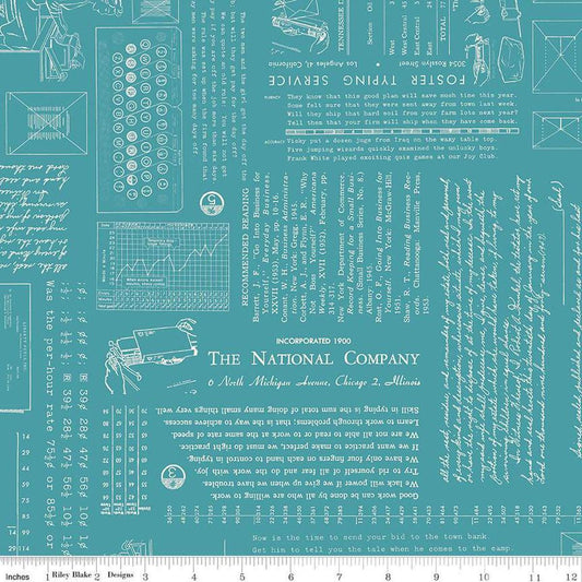 Image of TYPE/ography Raindrop quilting cotton fabric by Lori Holt for Riley Blake Designs. Features text on a blue background. Cute Little Fabric Shop.