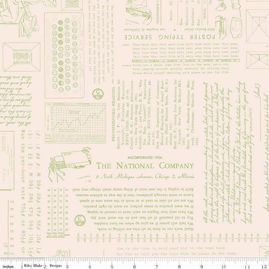 Image of TYPE/ography Background Lettuce quilting cotton fabric by Lori Holt for Riley Blake Designs. Features text on a cream background. Cute Little Fabric Shop.