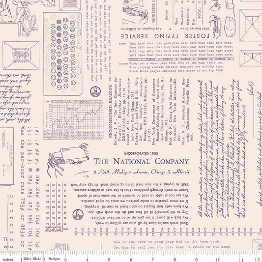 Image of TYPE/ography Background Plum quilting cotton fabric by Lori Holt for Riley Blake Designs. Features text on a cream background. Cute Little Fabric Shop.