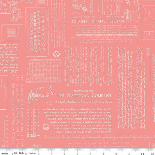 Image of TYPE/ography Coral quilting cotton fabric by Lori Holt for Riley Blake Designs. Features text on a pink background. Cute Little Fabric Shop.