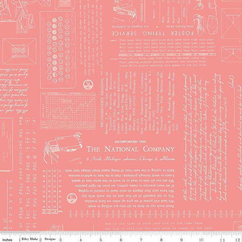 Image of TYPE/ography Coral quilting cotton fabric by Lori Holt for Riley Blake Designs. Features text on a pink background. Cute Little Fabric Shop.