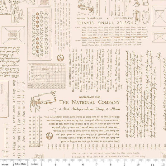 Image of TYPE/ography Background Maple quilting cotton fabric by Lori Holt for Riley Blake Designs. Features text on a cream background. Cute Little Fabric Shop.