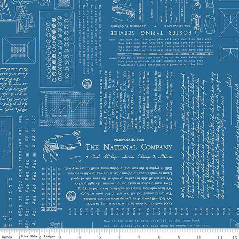 Image of TYPE/ography Denim quilting cotton fabric by Lori Holt for Riley Blake Designs. Features text on a blue background. Cute Little Fabric Shop.