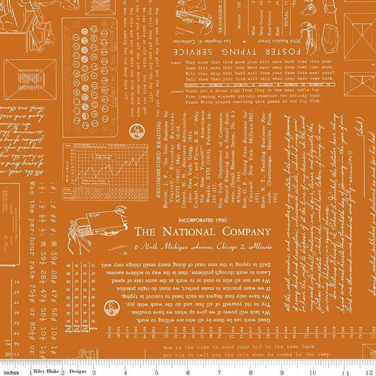 Image of TYPE/ography Amber quilting cotton fabric by Lori Holt for Riley Blake Designs. Features text on an orange background. Cute Little Fabric Shop.