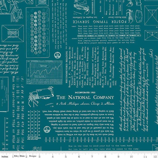 Image of TYPE/ography Lagoon quilting cotton fabric by Lori Holt for Riley Blake Designs. Features text on a blue background. Cute Little Fabric Shop.