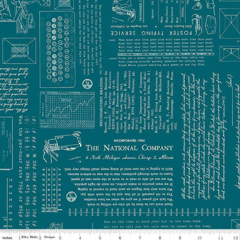 Image of TYPE/ography Lagoon quilting cotton fabric by Lori Holt for Riley Blake Designs. Features text on a blue background. Cute Little Fabric Shop.