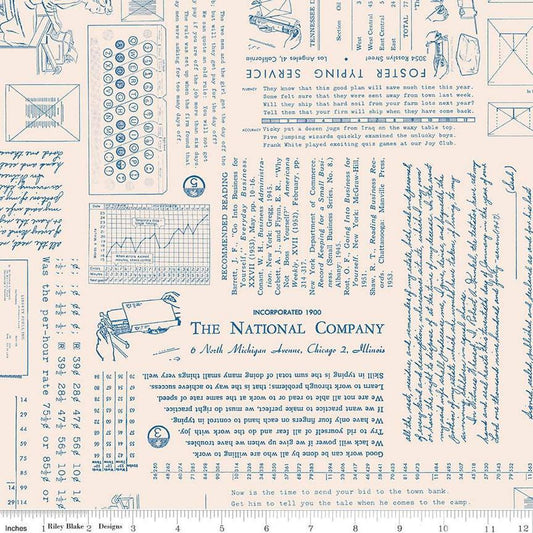 Image of TYPE/ography Background Denim quilting cotton fabric by Lori Holt for Riley Blake Designs. Features text on a cream background. Cute Little Fabric Shop.