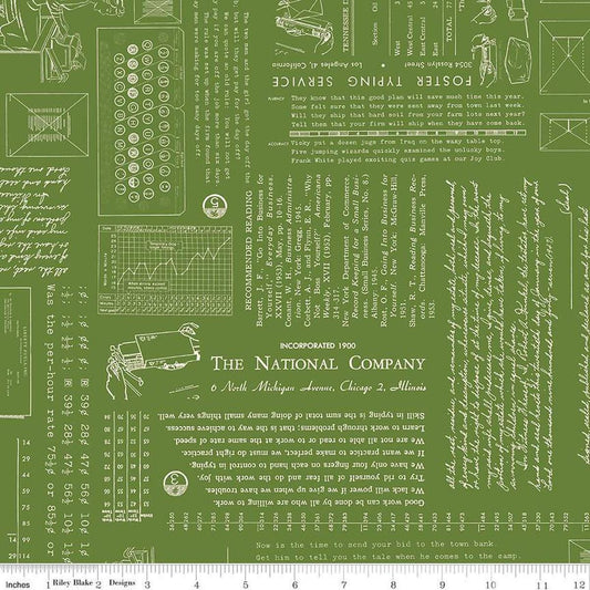 Image of TYPE/ography Basil quilting cotton fabric by Lori Holt for Riley Blake Designs. Features text on a green background. Cute Little Fabric Shop.