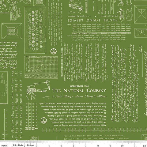 Image of TYPE/ography Basil quilting cotton fabric by Lori Holt for Riley Blake Designs. Features text on a green background. Cute Little Fabric Shop.