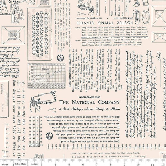 Image of TYPE/ography Background Blackboard quilting cotton fabric by Lori Holt for Riley Blake Designs. Features text on a cream background. Cute Little Fabric Shop.