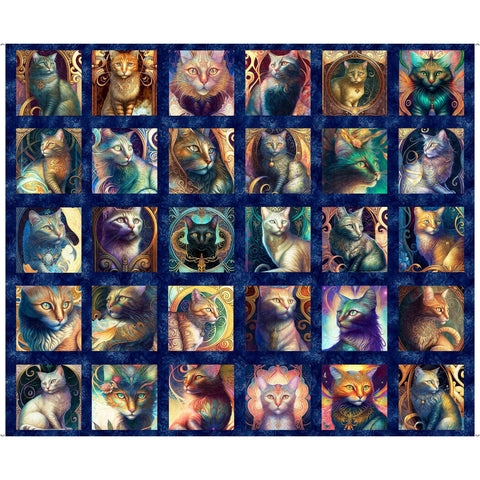 Feline Fantasia Cat Picture Patches Panel 31368 Navy N - QT Fabrics - Fantasy Kittens Magical  - Quilting Cotton Fabric