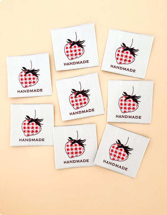 Check Strawberry Woven Labels P178-SIWL20 - Riley Blake - Minki Kim - Durable Soft Thread - Machine Washable - Polyester - 8 Labels