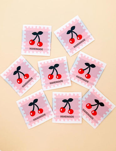 SALE Cherry Pink Woven Labels P178-SIWL26 - Riley Blake - Minki Kim - Durable Soft Thread - Machine Washable - Polyester - 8 Labels