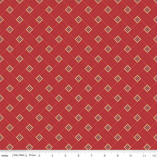 Image of Vera's Garden Blocks Red quilting cotton fabric by Vicki McCarty for Riley Blake Designs. Features squares on a red background. Cute Little Fabric Shop