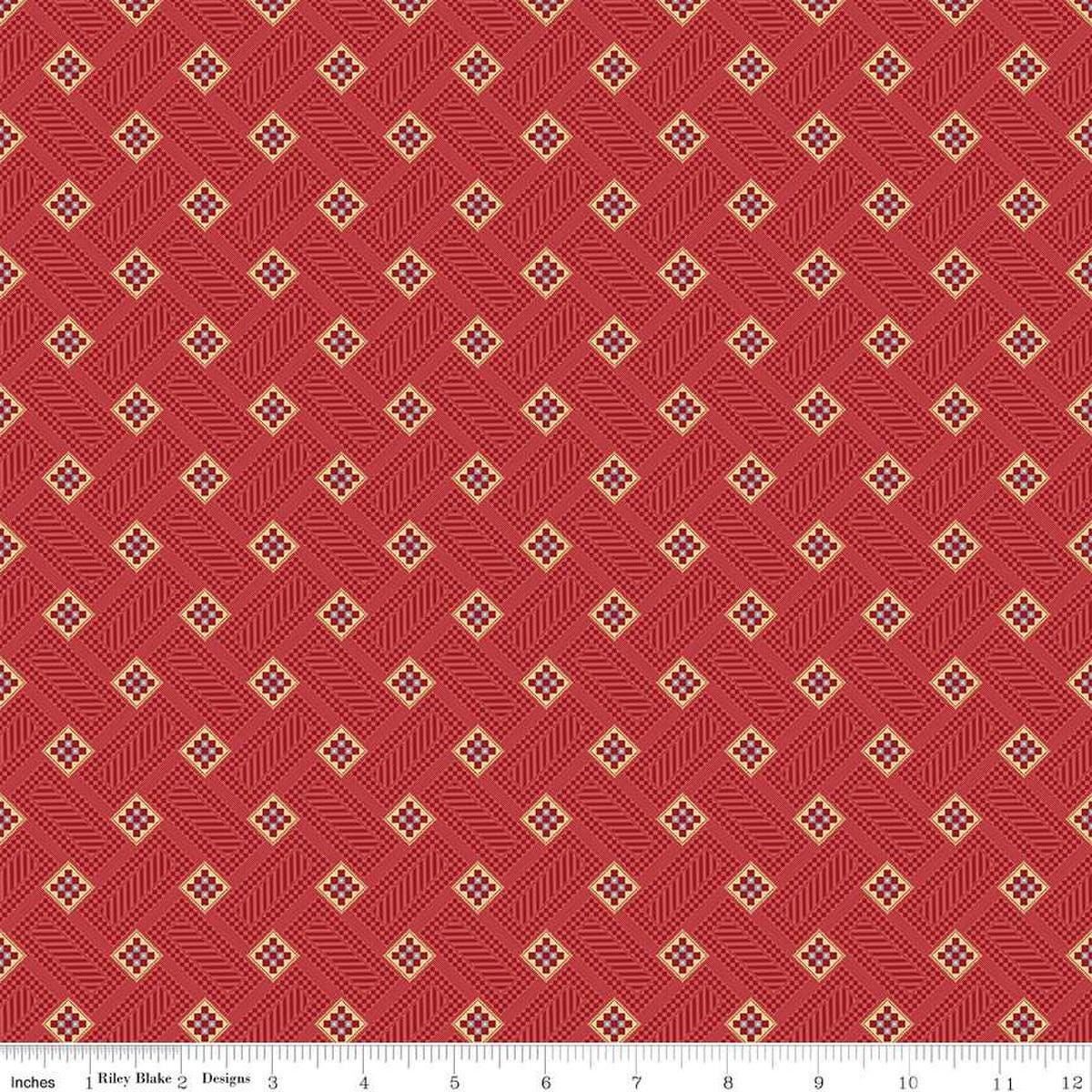 Image of Vera's Garden Blocks Red quilting cotton fabric by Vicki McCarty for Riley Blake Designs. Features squares on a red background. Cute Little Fabric Shop