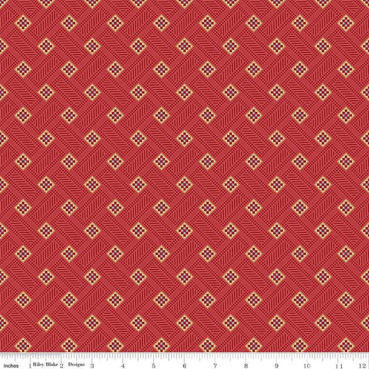 Image of Vera's Garden Blocks Red quilting cotton fabric by Vicki McCarty for Riley Blake Designs. Features squares on a red background. Cute Little Fabric Shop