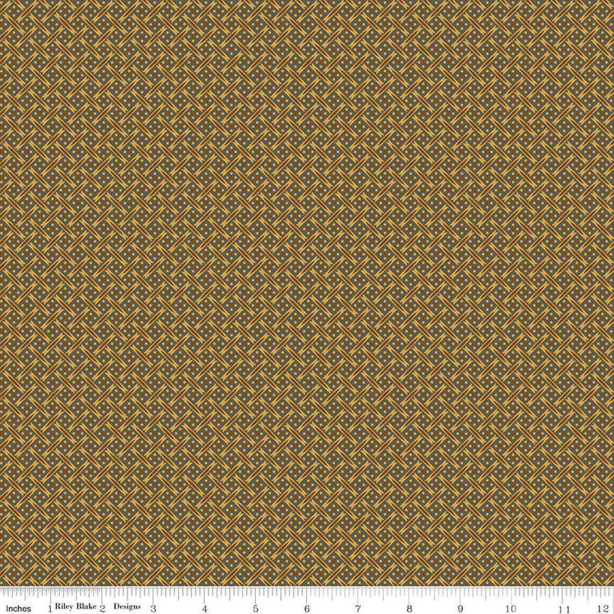Image of Vera's Garden Basket Weave Brown quilting cotton fabric by Vicki McCarty for Riley Blake Designs. Features weave on a brown background. Cute Little Fabric Shop