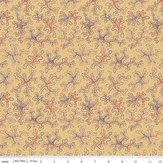 Image of Vera's Garden Vera's Dot Art Gold quilting cotton fabric by Vicki McCarty for Riley Blake Designs. Features dots on a yellow background. Cute Little Fabric Shop