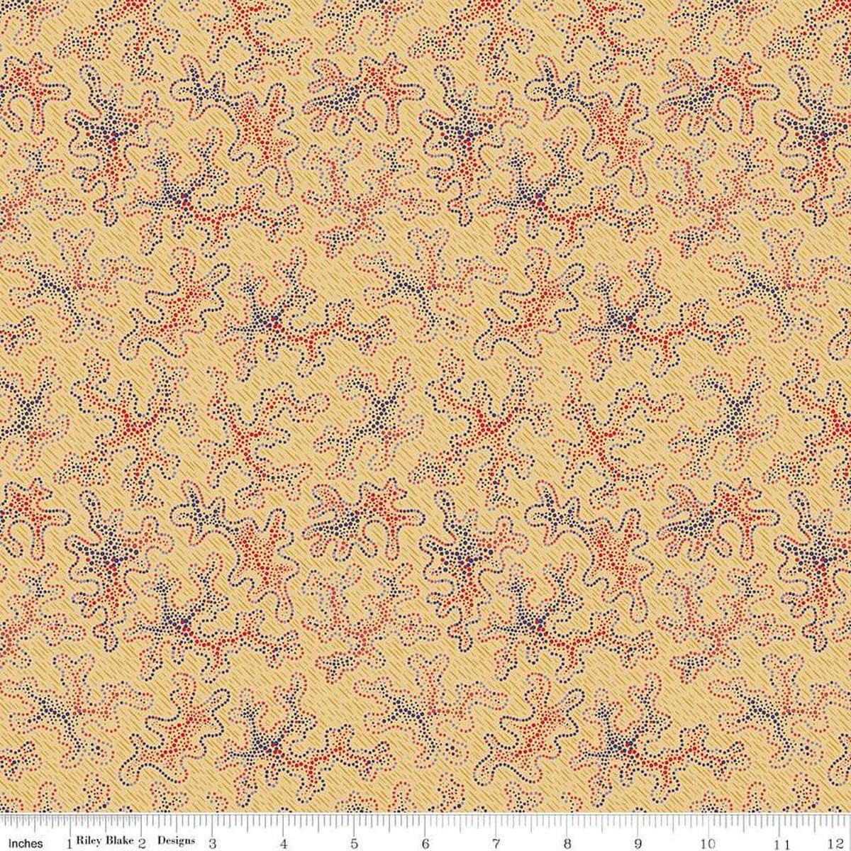 Image of Vera's Garden Vera's Dot Art Gold quilting cotton fabric by Vicki McCarty for Riley Blake Designs. Features dots on a yellow background. Cute Little Fabric Shop
