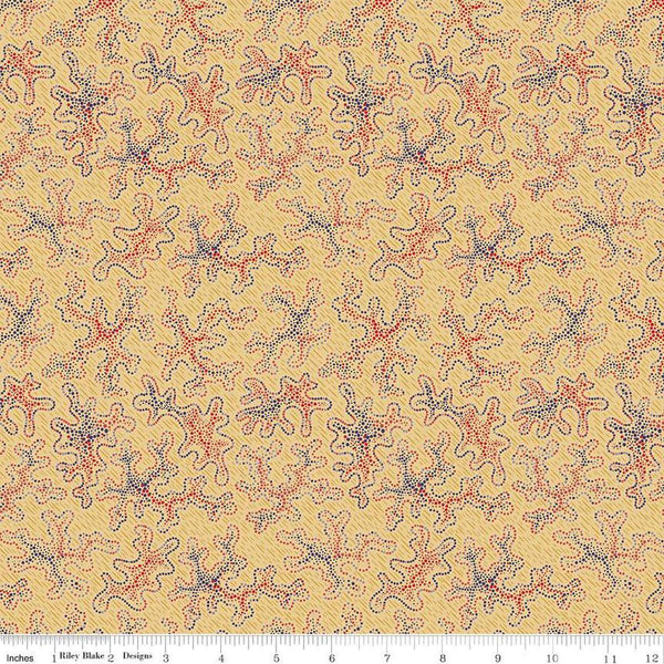 Image of Vera&#39;s Garden Vera&#39;s Dot Art Gold quilting cotton fabric by Vicki McCarty for Riley Blake Designs. Features dots on a yellow background. Cute Little Fabric Shop