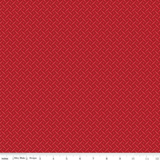 Image of Vera's Garden Basket Weave Red quilting cotton fabric by Vicki McCarty for Riley Blake Designs. Features weave on a red background. Cute Little Fabric Shop