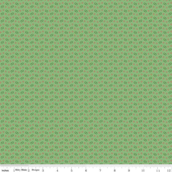 Image of Vera's Garden Circles Green quilting cotton fabric by Vicki McCarty for Riley Blake Designs. Features shapes on a green background. Cute Little Fabric Shop