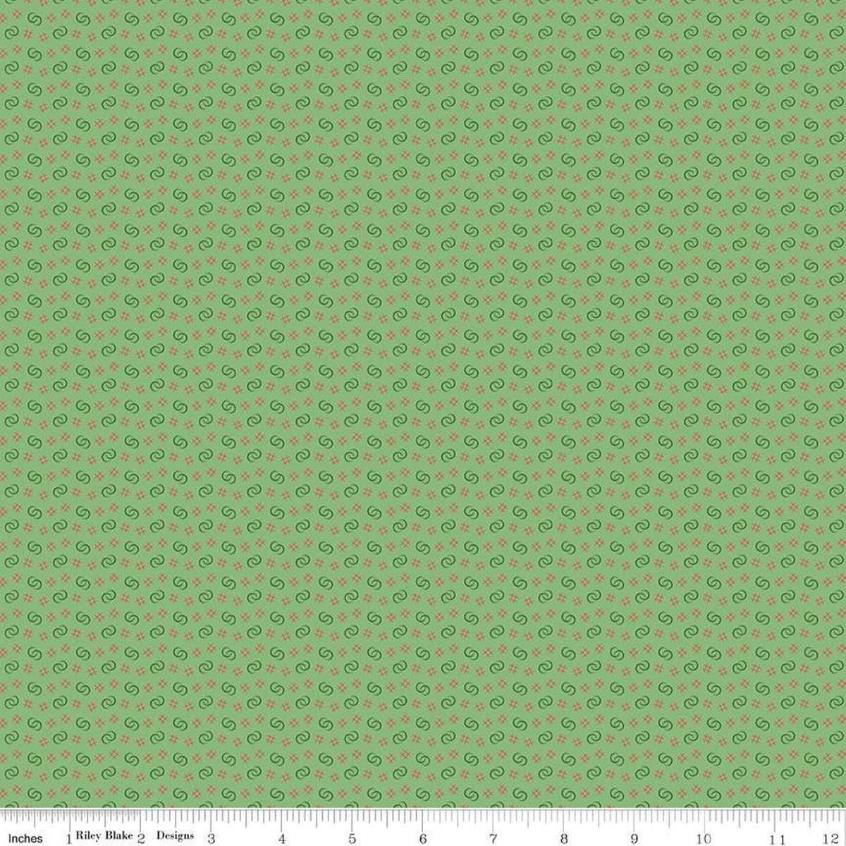Image of Vera's Garden Circles Green quilting cotton fabric by Vicki McCarty for Riley Blake Designs. Features shapes on a green background. Cute Little Fabric Shop