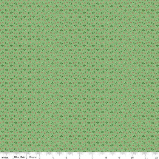 Image of Vera's Garden Circles Green quilting cotton fabric by Vicki McCarty for Riley Blake Designs. Features shapes on a green background. Cute Little Fabric Shop