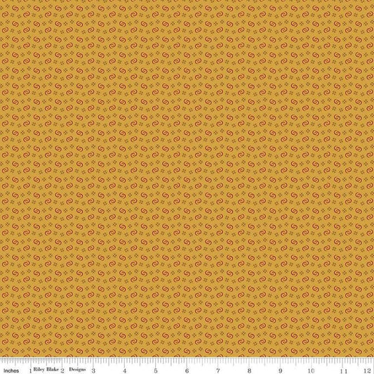 Image of Vera's Garden Circles Gold quilting cotton fabric by Vicki McCarty for Riley Blake Designs. Features shapes on a yellow background. Cute Little Fabric Shop