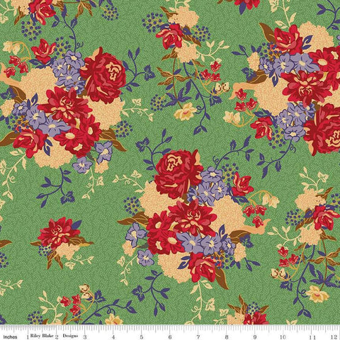 Image of Vera&#39;s Garden Main Green quilting cotton fabric by Vicki McCarty for Riley Blake Designs. Features flowers on a green background. Cute Little Fabric Shop