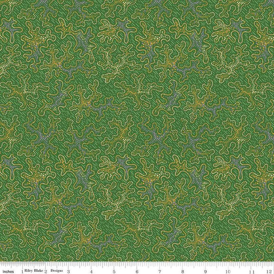 Image of Vera's Garden Vera's Dot Art Green quilting cotton fabric by Vicki McCarty for Riley Blake Designs. Features dots on a green background. Cute Little Fabric Shop