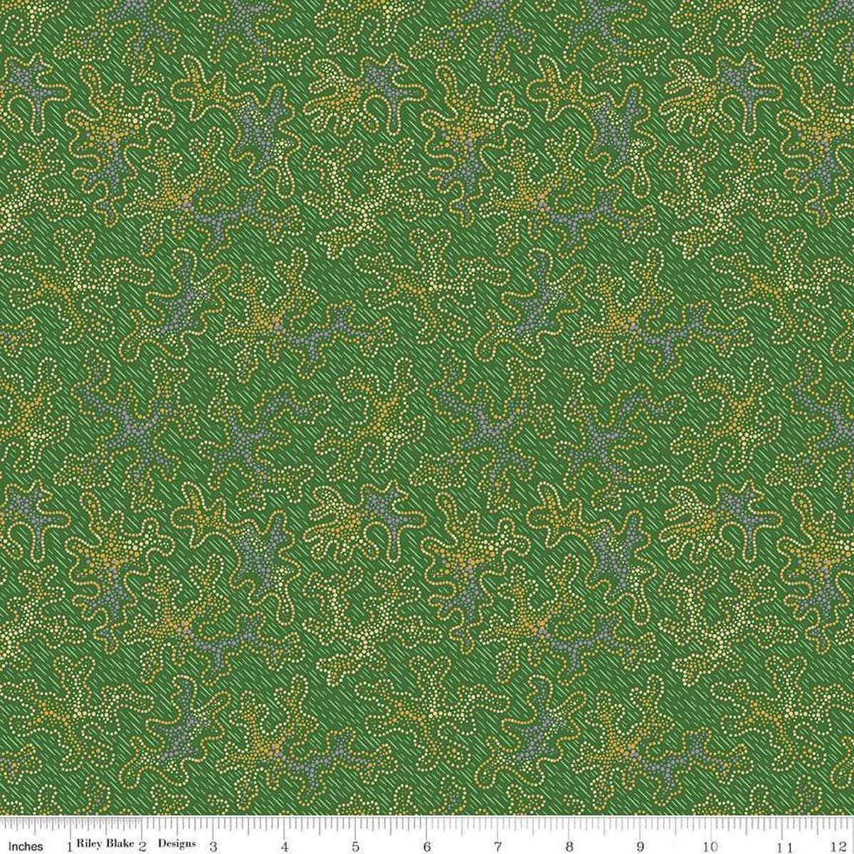 Image of Vera's Garden Vera's Dot Art Green quilting cotton fabric by Vicki McCarty for Riley Blake Designs. Features dots on a green background. Cute Little Fabric Shop