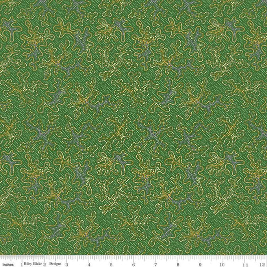 Image of Vera's Garden Vera's Dot Art Green quilting cotton fabric by Vicki McCarty for Riley Blake Designs. Features dots on a green background. Cute Little Fabric Shop
