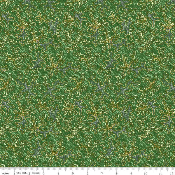Image of Vera&#39;s Garden Vera&#39;s Dot Art Green quilting cotton fabric by Vicki McCarty for Riley Blake Designs. Features dots on a green background. Cute Little Fabric Shop
