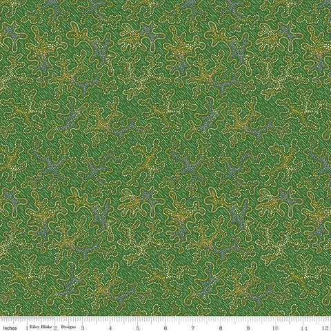 Image of Vera&#39;s Garden Vera&#39;s Dot Art Green quilting cotton fabric by Vicki McCarty for Riley Blake Designs. Features dots on a green background. Cute Little Fabric Shop