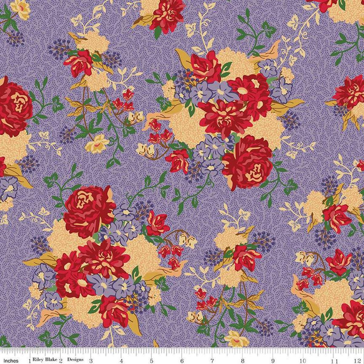 Image of Vera's Garden Main Lavender quilting cotton fabric by Vicki McCarty for Riley Blake Designs. Features flowers on a purple background. Cute Little Fabric Shop