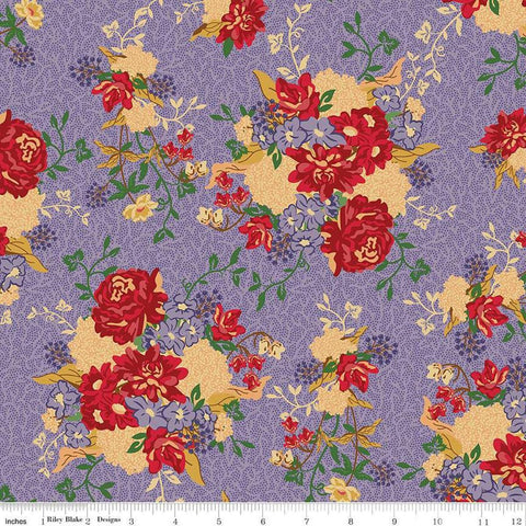 Image of Vera&#39;s Garden Main Lavender quilting cotton fabric by Vicki McCarty for Riley Blake Designs. Features flowers on a purple background. Cute Little Fabric Shop
