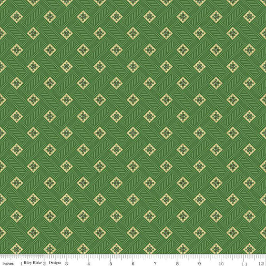 Image of Vera's Garden Blocks Green quilting cotton fabric by Vicki McCarty for Riley Blake Designs. Features squares on a green background. Cute Little Fabric Shop