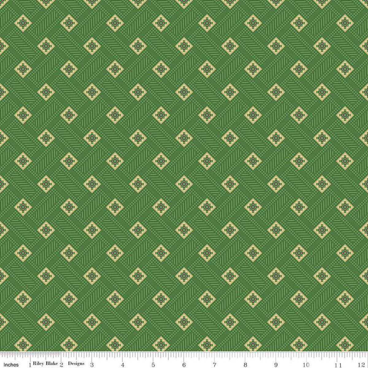 Image of Vera's Garden Blocks Green quilting cotton fabric by Vicki McCarty for Riley Blake Designs. Features squares on a green background. Cute Little Fabric Shop