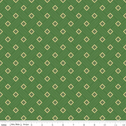 Image of Vera's Garden Blocks Green quilting cotton fabric by Vicki McCarty for Riley Blake Designs. Features squares on a green background. Cute Little Fabric Shop