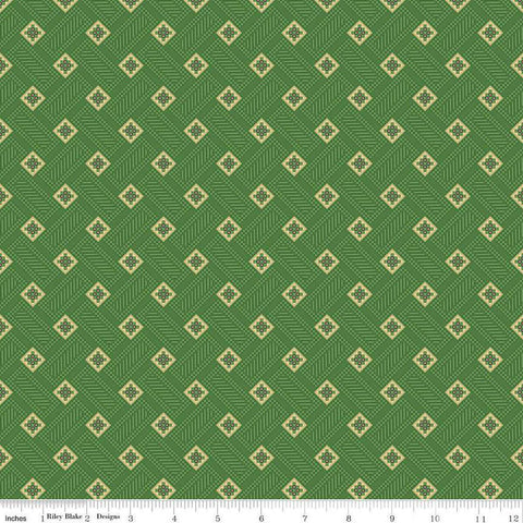 Image of Vera&#39;s Garden Blocks Green quilting cotton fabric by Vicki McCarty for Riley Blake Designs. Features squares on a green background. Cute Little Fabric Shop