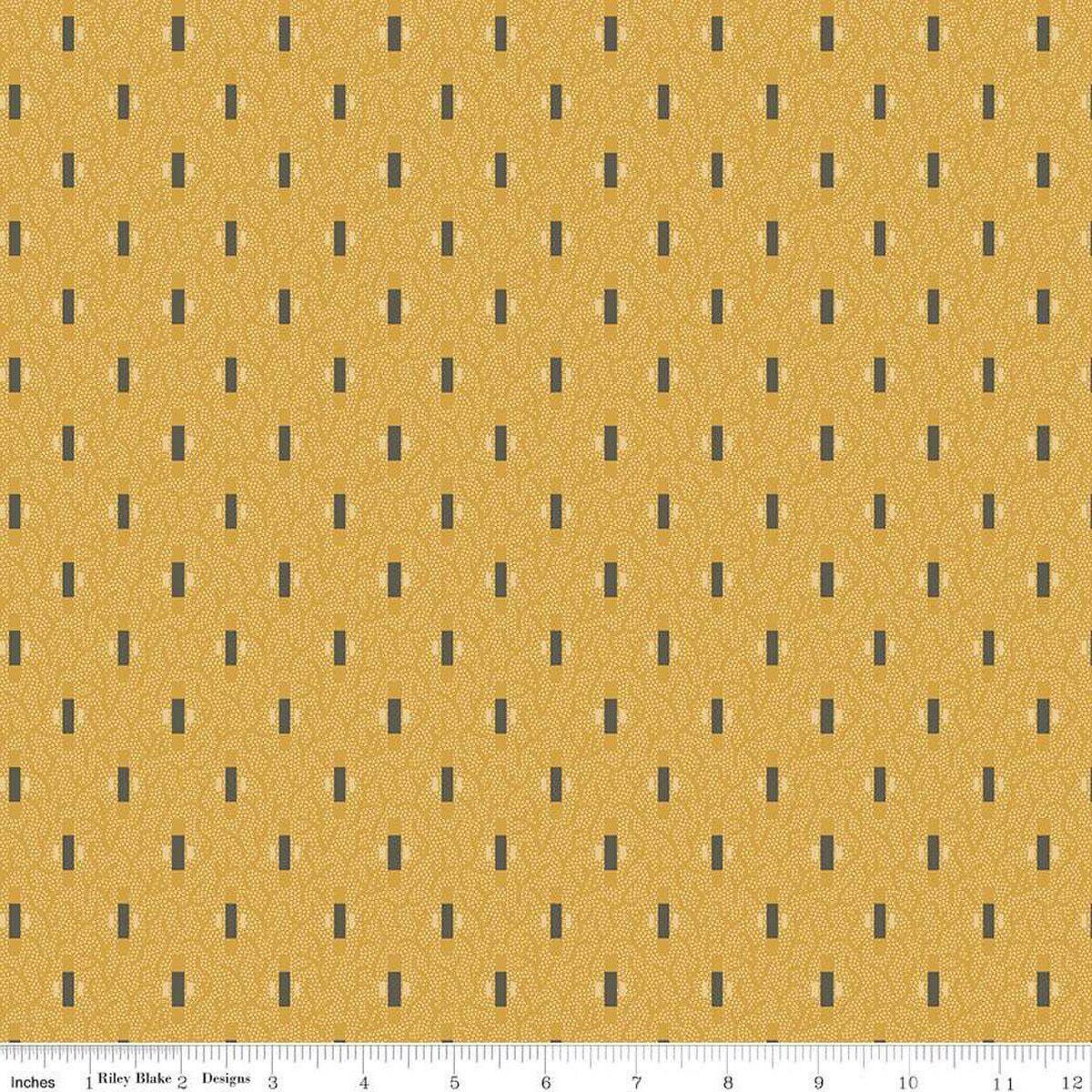 Image of Vera's Garden Dashes Gold quilting cotton fabric by Vicki McCarty for Riley Blake Designs. Features shapes on a yellow background. Cute Little Fabric Shop
