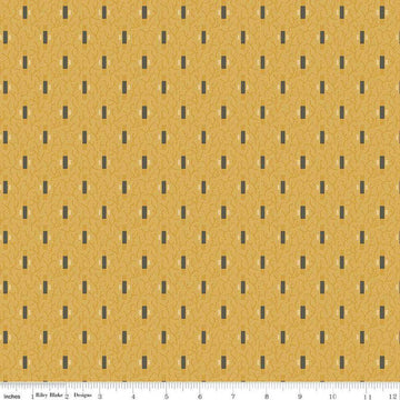 Image of Vera's Garden Dashes Gold quilting cotton fabric by Vicki McCarty for Riley Blake Designs. Features shapes on a yellow background. Cute Little Fabric Shop